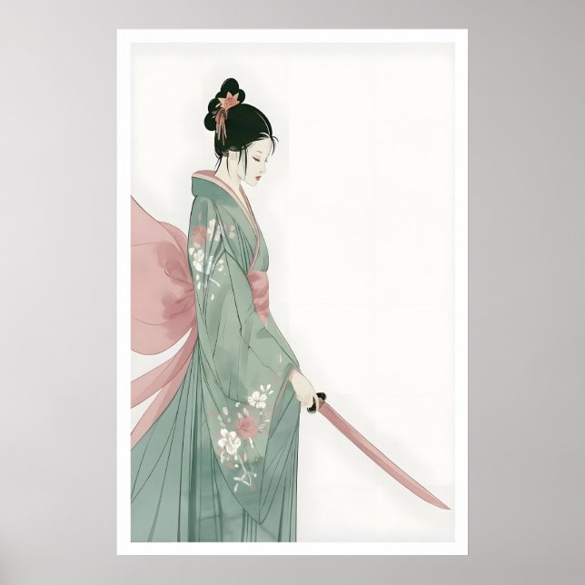 Samurai-Frau-Wandkunst Rosa und grüne Blumen Poster (Vorne)