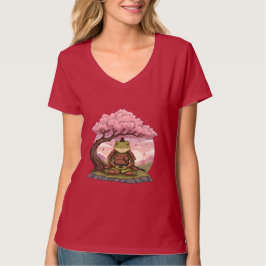Samurai Frog Meditating Cute Funny Womens Red T-Shirt