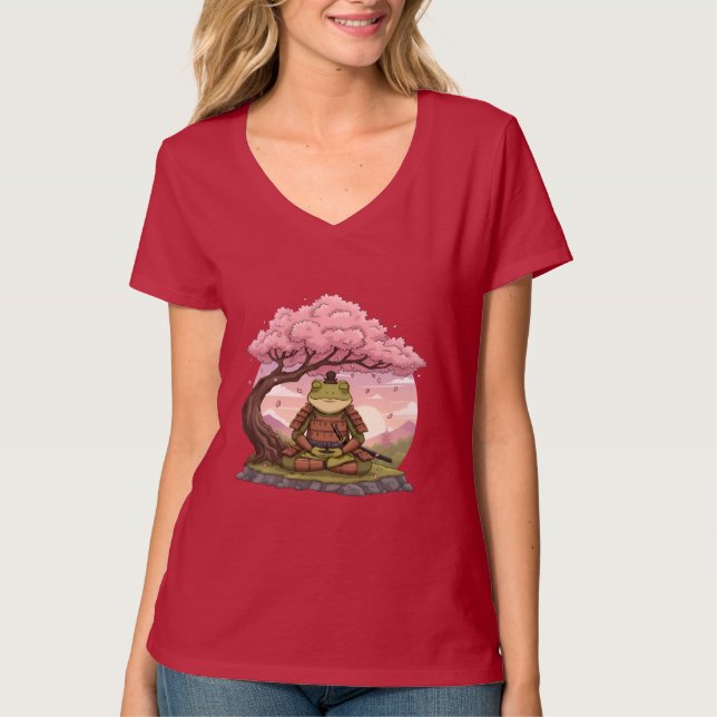 Samurai Frog Meditating Cute Funny Womens Red T-Shirt (Vorderseite)
