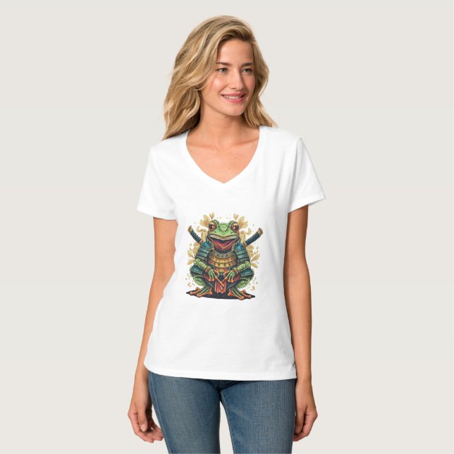 Samurai-Frosch-Krieger Damen V-Ausschnitt T-Shirt (Vorderseite Vollansicht)