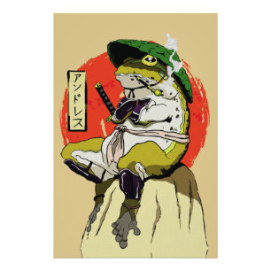 Samurai-Frosch mit Roter Sonne-Ästhetik Fotodruck
