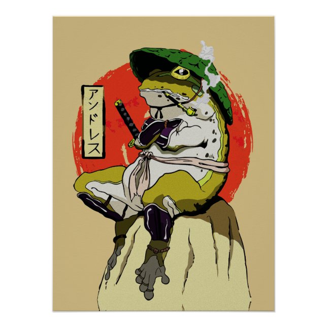 Samurai-Frosch mit Roter Sonne-Ästhetik Poster (Vorderseite)