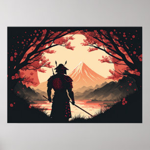 Samurai & Fuji   Moon & Cherry Blüten Kunst Poster