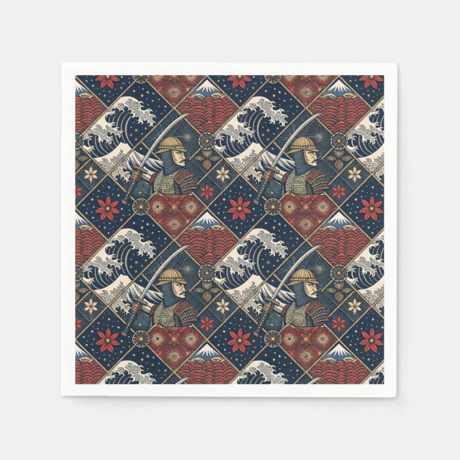 Samurai & Große Welle Traditionelles Japanisches M Serviette (Vorderseite)
