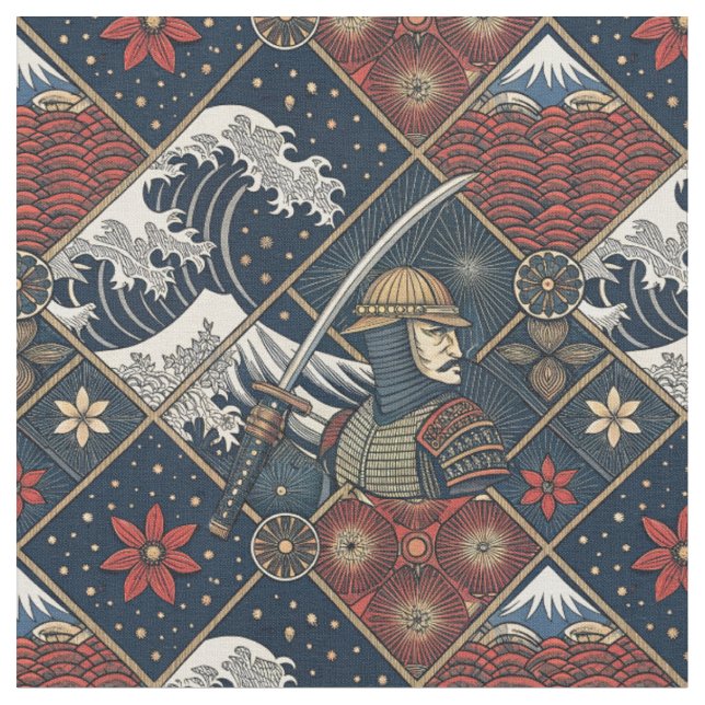 Samurai & Große Welle Traditionelles Japanisches M Stoff (Nahaufnahme)