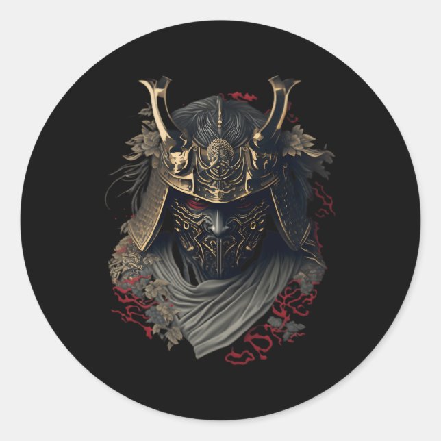 Samurai Helmet Warrior Bushido Oni Japanische Kult Runder Aufkleber (Vorderseite)