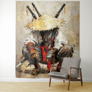 Samurai in Ruhe Palettenmesser Orange Impasto Wandteppich
