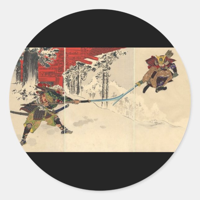 Samurai-Kampf im Schnee um 1890 Runder Aufkleber (Vorderseite)