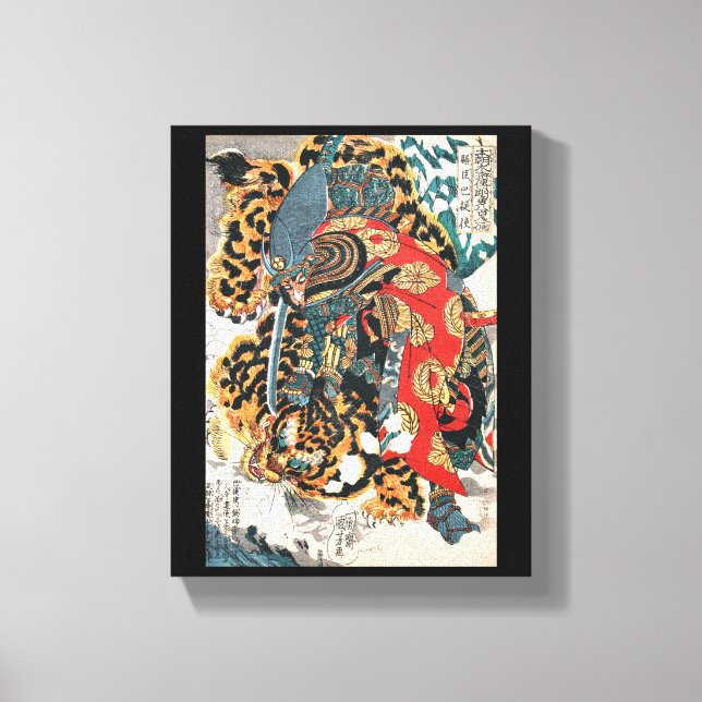 Samurai kämpft gegen einen Tiger, Kuniyoshi, Ukiyo Leinwanddruck (Vorderseite)