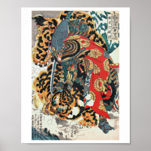 Samurai kämpft gegen einen Tiger, Kuniyoshi, Ukiyo Poster