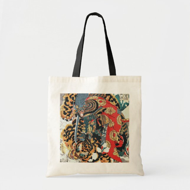 Samurai kämpft gegen einen Tiger, Kuniyoshi, Ukiyo Tragetasche (Vorne)
