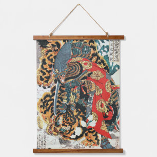 Samurai kämpft gegen einen Tiger, Kuniyoshi, Ukiyo Wandteppich Mit Holzrahmen