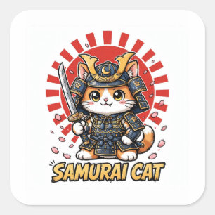 Samurai-Katze Anime Japanischer Krieger Kirsche Quadratischer Aufkleber