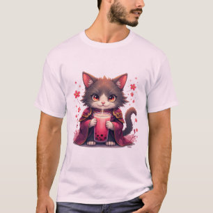 Samurai-Katze Boba-Tee Sakura Anime Japanisch Bubb T-Shirt