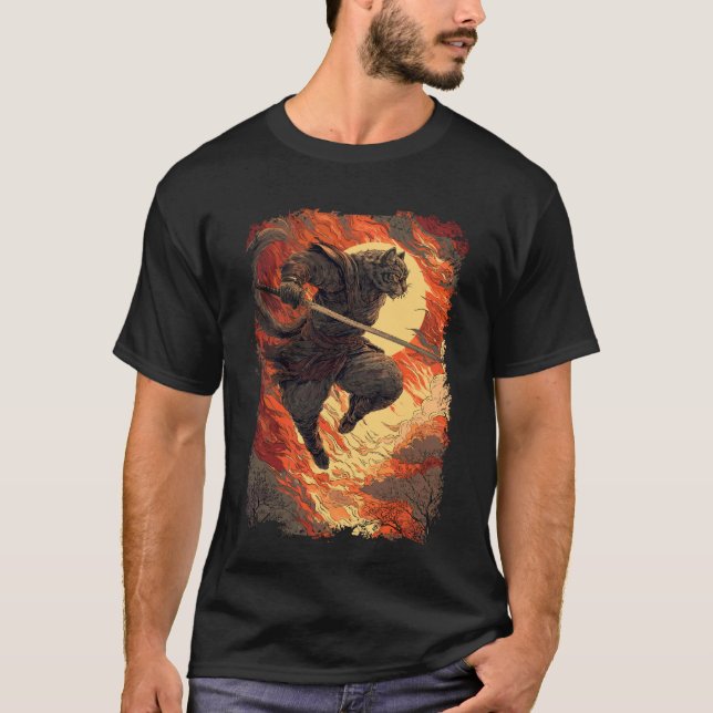 Samurai-Katze - Feueriger Ninja-Sprung T-Shirt (Vorderseite)