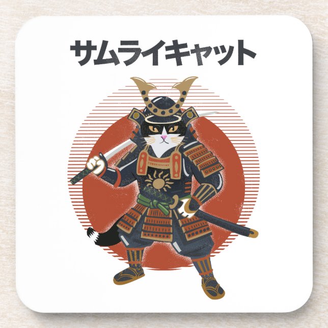 Samurai-Katze Getränkeuntersetzer (Vorderseite)