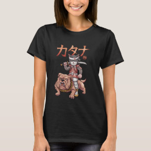 Samurai Katze Hund Japanische Kunst Ukiyo-e Bulldo T-Shirt