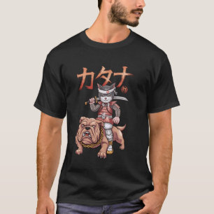 Samurai Katze Hund Japanische Kunst Ukiyo-e Bulldo T-Shirt