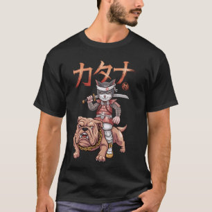 Samurai Katze Hund Japanische Kunst Ukiyo-e Bulldo T-Shirt