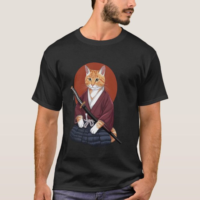 Samurai-Katze in traditioneller Rüstung mit Katana T-Shirt (Vorderseite)