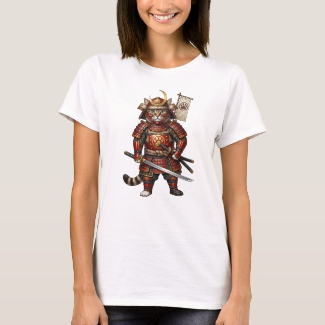 Samurai-Katze in traditioneller Rüstung – mit Schw T-Shirt (Vorderseite)
