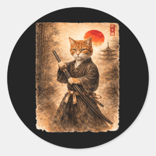 Samurai-Katze japanische Kunst Männer Jungen lusti Runder Aufkleber