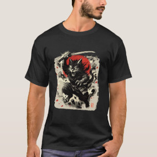 Samurai-Katze japanische Vintage-Ukiyo-e-Kriegerku T-Shirt