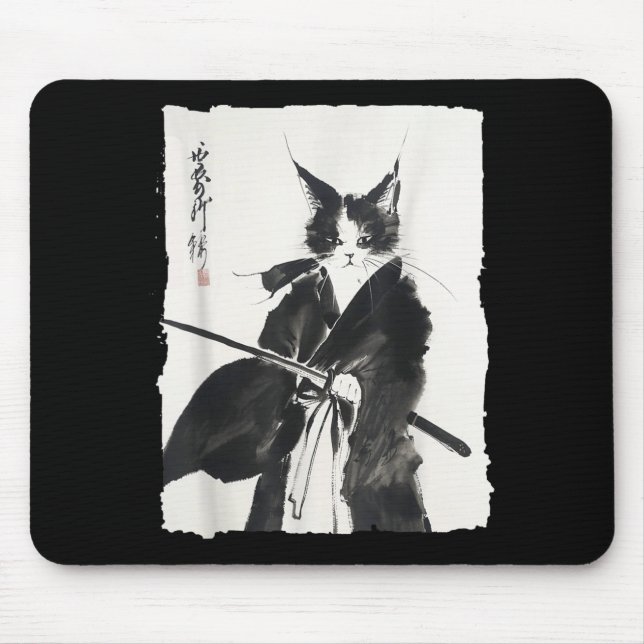 Samurai-Katze Krieger-Tinte - Japanische Kunst Kat Mousepad (Vorne)