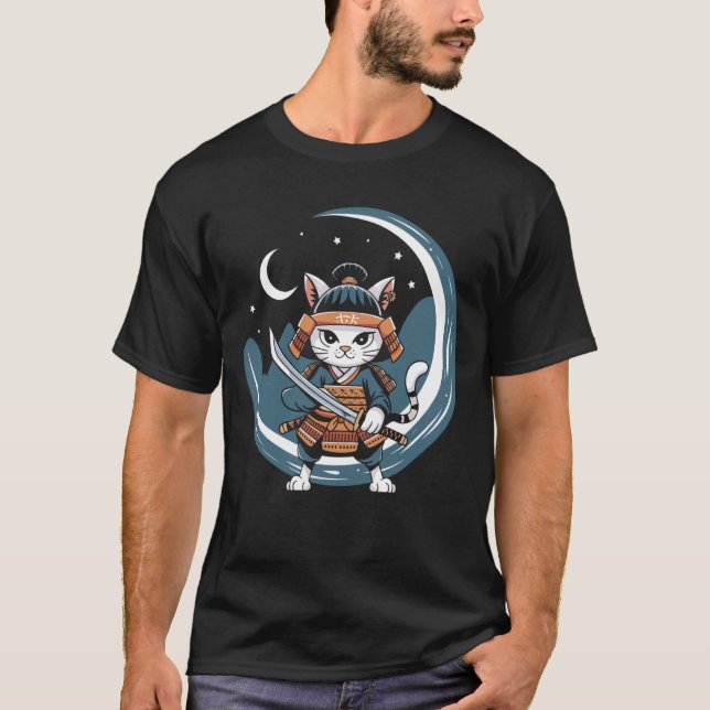Samurai-Katze Krieger Vollmond Kunst T-Shirt (Vorderseite)