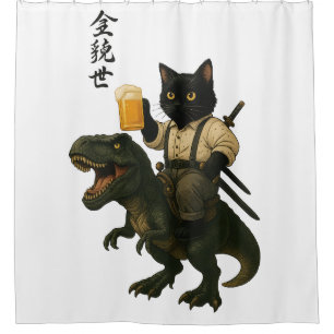 Samurai-Katze mit Bier & T-Rex Retro-Japanische Duschvorhang