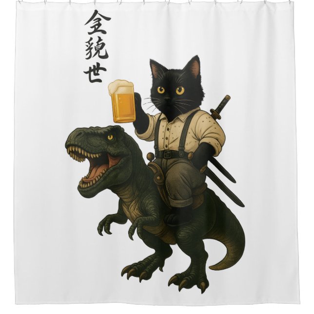 Samurai-Katze mit Bier & T-Rex | Retro-Japanische  Duschvorhang (Vorderseite)