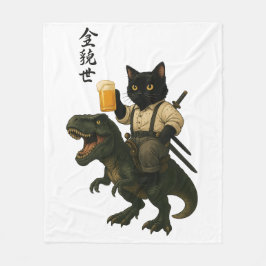 Samurai-Katze mit Bier & T-Rex | Retro-Japanische Fleecedecke
