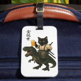 Samurai-Katze mit Bier & T-Rex | Retro-Japanische Gepäckanhänger