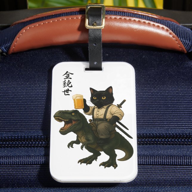Samurai-Katze mit Bier & T-Rex | Retro-Japanische  Gepäckanhänger (Vorderseite Insitu 2)