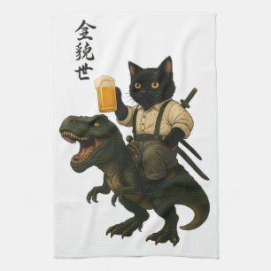 Samurai-Katze mit Bier & T-Rex Retro-Japanische Geschirrtuch