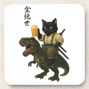 Samurai-Katze mit Bier & T-Rex Retro-Japanische Getränkeuntersetzer