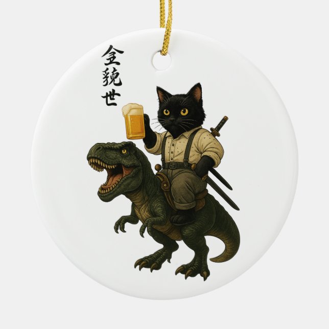 Samurai-Katze mit Bier & T-Rex | Retro-Japanische  Keramik Ornament (Vorne)
