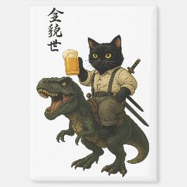 Samurai-Katze mit Bier & T-Rex | Retro-Japanische Magnet