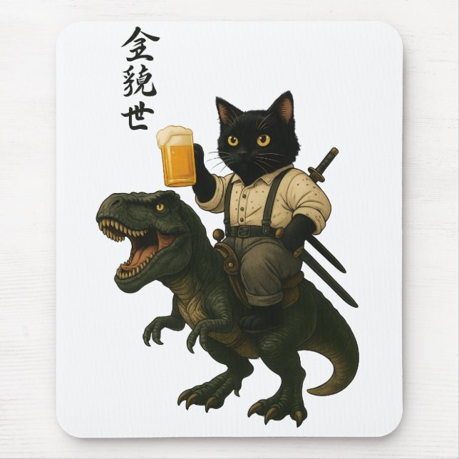Samurai-Katze mit Bier & T-Rex | Retro-Japanische  Mousepad (Vorne)