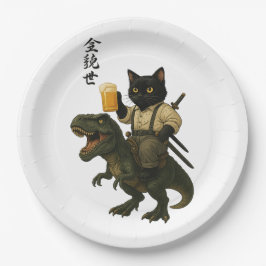 Samurai-Katze mit Bier & T-Rex | Retro-Japanische Pappteller