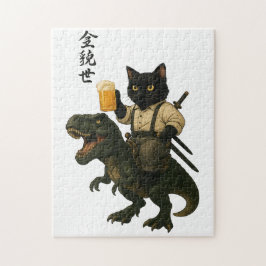 Samurai-Katze mit Bier & T-Rex | Retro-Japanische Puzzle