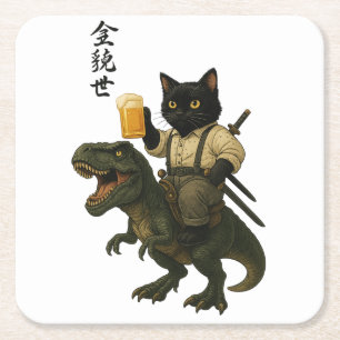 Samurai-Katze mit Bier & T-Rex Retro-Japanische Rechteckiger Pappuntersetzer