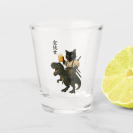 Samurai-Katze mit Bier & T-Rex | Retro-Japanische Schnapsglas