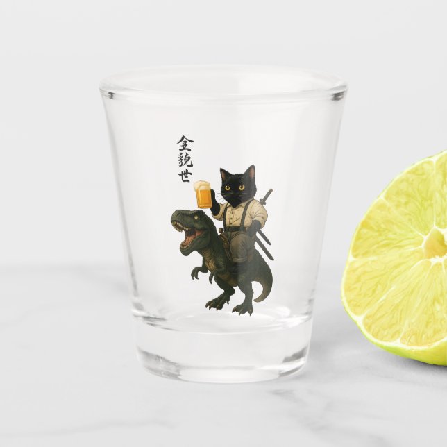 Samurai-Katze mit Bier & T-Rex | Retro-Japanische  Schnapsglas (Vorderseite)