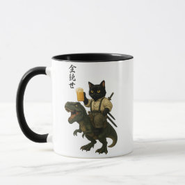 Samurai-Katze mit Bier & T-Rex | Retro-Japanische Tasse