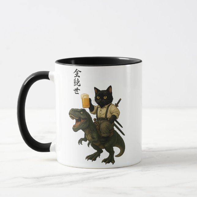 Samurai-Katze mit Bier & T-Rex | Retro-Japanische  Tasse (Links)