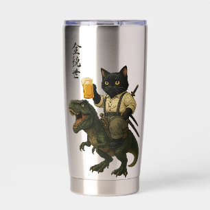 Samurai-Katze mit Bier & T-Rex Retro-Japanische Thermobecher