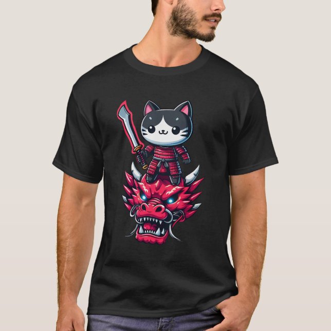 Samurai Katze mit Schwert auf Drachen im epischen  T-Shirt (Vorderseite)