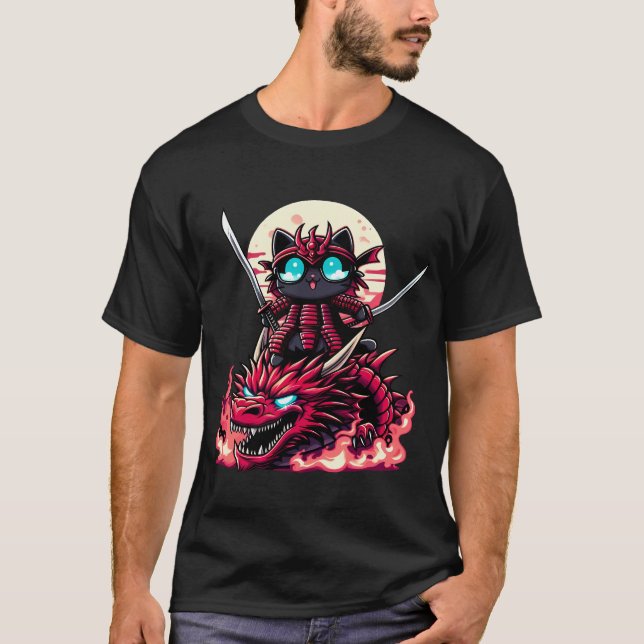 Samurai Katze mit Schwert auf Dragon in epischer S T-Shirt (Vorderseite)