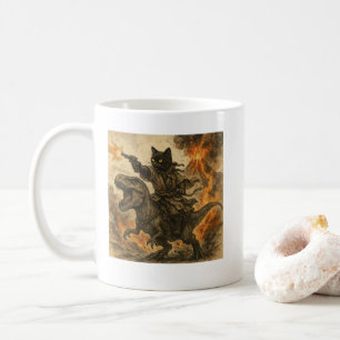 Samurai-Katze reitet auf Dinosaurier bei Vulkanaus Kaffeetasse